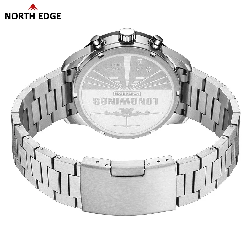 NORTH EDGE 2025 LONGWINGS Men Quartz Watch Solar Powered Stopwatch Waterproof 50M 316 Full Stainless Steel Luminous Pilot Watch 3