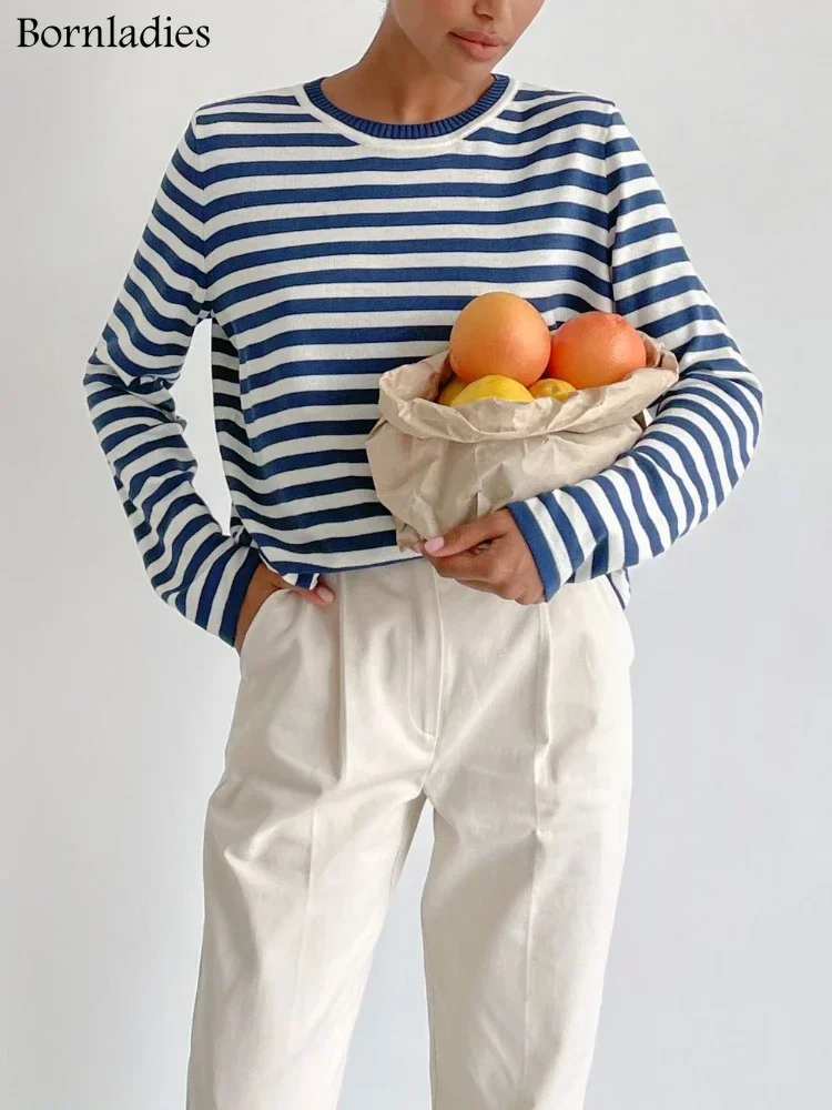 Bornladies Knitted Stripe Sweater Women 2025 Autumn Winter Loose Casual Thick Pullovers Female Warm Long-sleeved Round Neck Tops