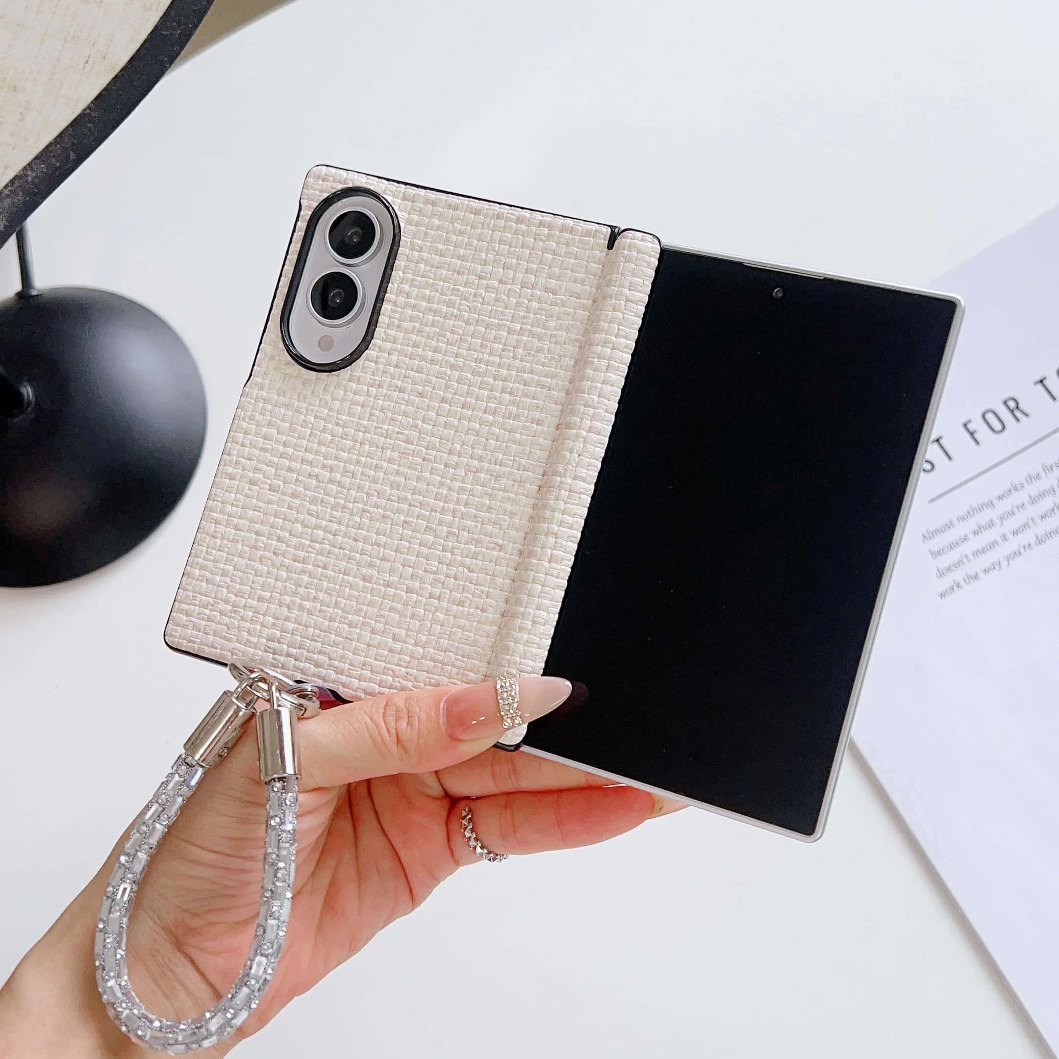 Luxury Woven Pattern Shockproof Case with Wrist Strap and Hinge Protection