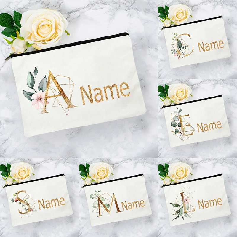

Customized Name Gold 26 Letter Flower Print Bag Girl Makeup Bag Cosmetic Pouch For Organizer Bachelorette Party Gift for Teacher