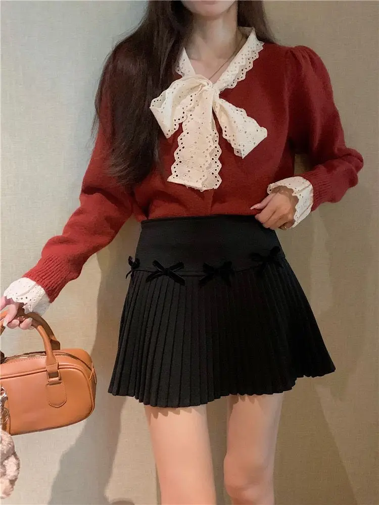 

Женская шерстяная юбка с бантом, плиссированная юбка-трапеция с завышенной талией, Милая юбка для девушек на осень и зиму, 2024