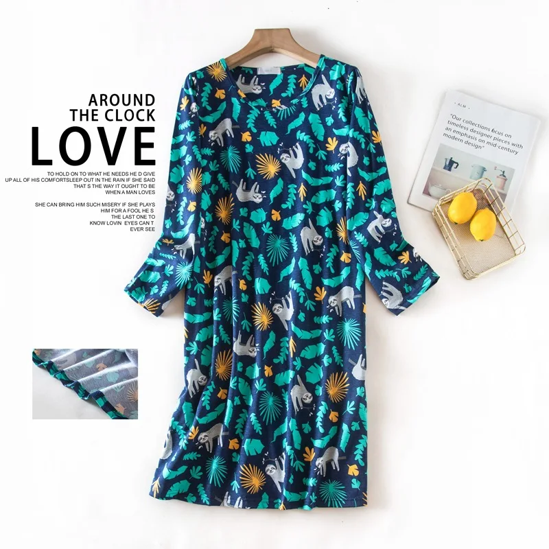Spring Summer Women Casual Cartoon Sleep Dress Ladies Soft Cotton Nightgown Female Long Sleeve Plus Size Home Sleepshirt