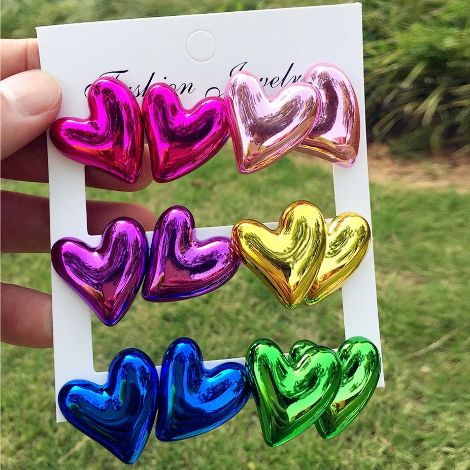 Nuevo 6 par/set de pendientes acrílicos de Color metálico Y2K para mujer, pendientes de corazón de roca, conjuntos de joyería de Corea