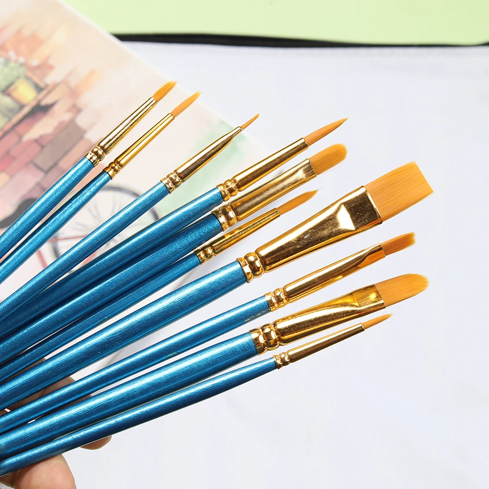 10Pcs/set Wooden Nylon Hair Watercolor Paint Brushes Artist Professional Acrylic Gouache Painting Brush Supplies Stationery