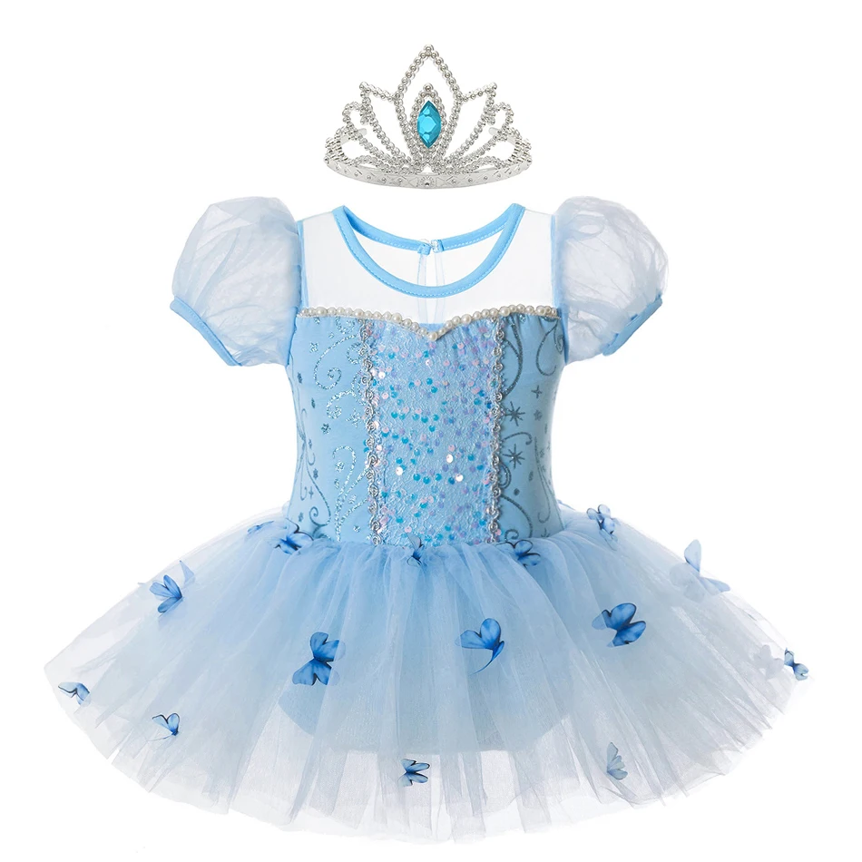 Cinderella Dancing Dress Girls Butterfly Applique Sequin Princess Ballet Clothes 2-8 Yrs Kid Training Uniform Blue Luxury Gown 1