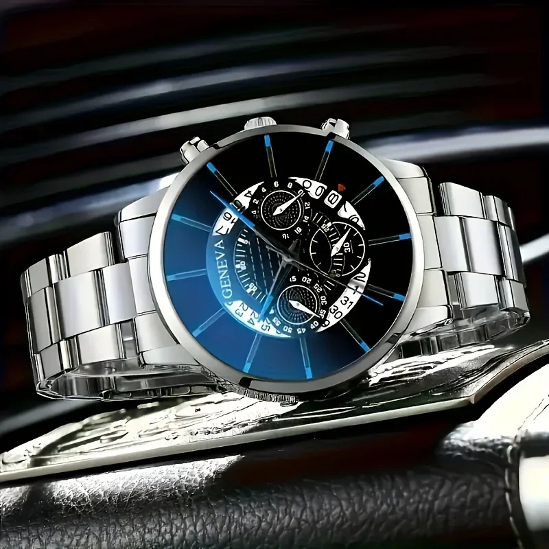 Geneva Quartz Men's Watch Set with Anti Shock Simulated Circular Display Screen, Cool and Handsome Style,