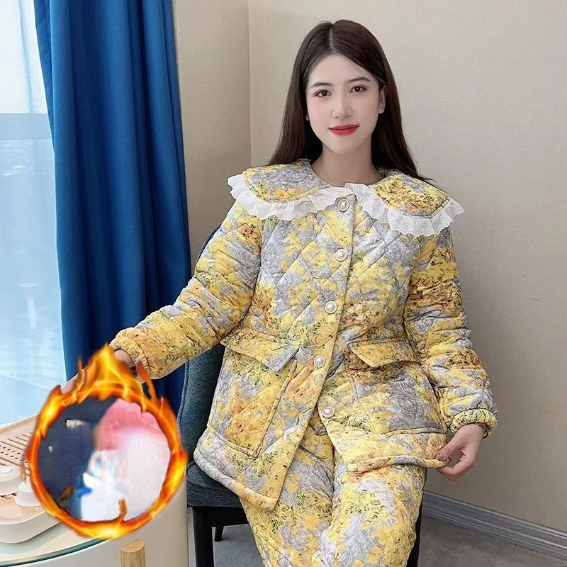 2023 New Women's Thickened Plush Sleepwear Coral Velvet Winter Loungewear Three-layer Cotton Sandwich Flannel Warm Homewear Set