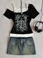 T-Shirt Punk Vintage des années 90 pour femmes, Streetwear d'été, Sexy, manches courtes, gothique, Slim, haut court, Hotgirl, décontracté, Harajuku Y2k 4