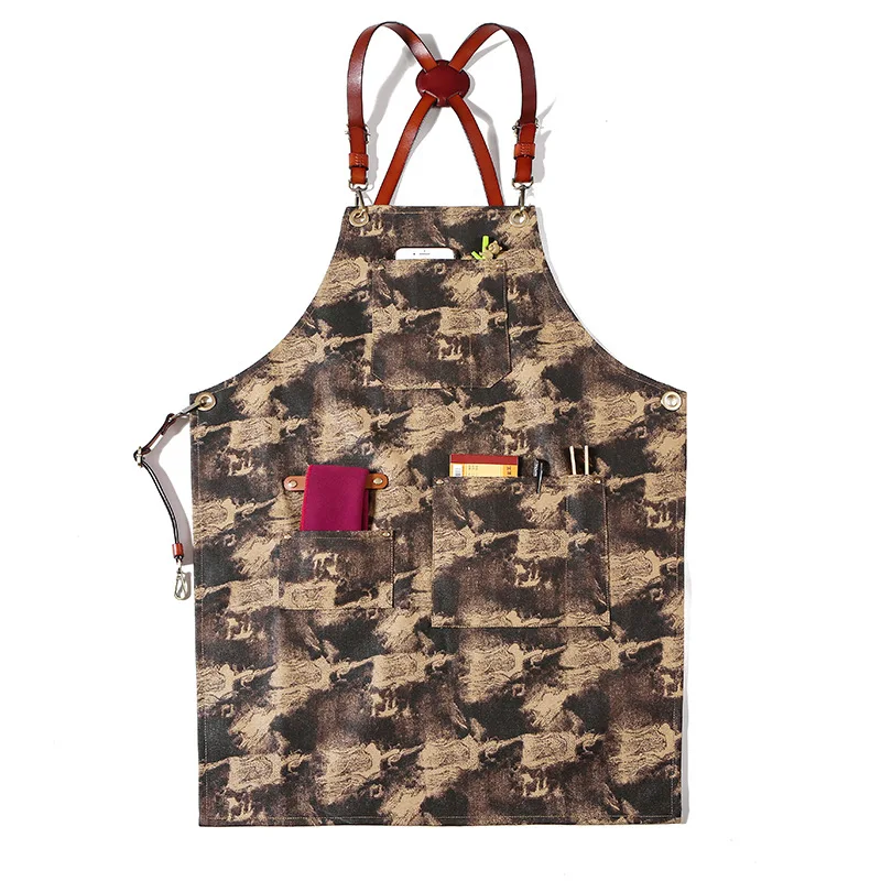

New PU Leather Straps Denim Worker Apron Barista Barber Work Clothes Restaurant Floral Apron For Woman Man Customized Brand Logo