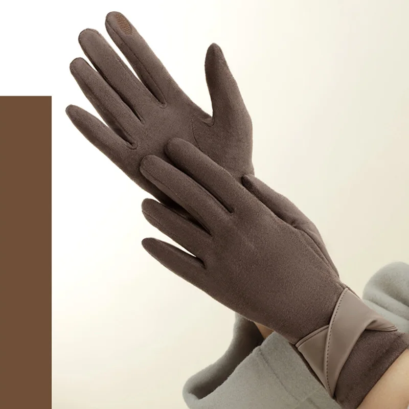 Fashion Winter Padded Warm Gloves Elegant Solid Color Suede Can Touch Screen Riding Ski Gloves for Women