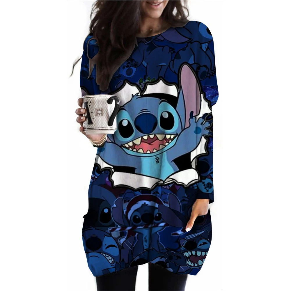 Camiseta de cuello redondo con estampado de Lilo & Stitch de Disney, camiseta informal de manga larga para primavera y otoño, camiseta de bolsillo de moda, ropa para mujer