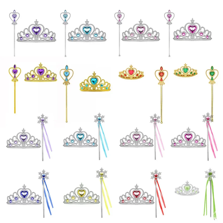 Pincess Crown Love Snowflake Stick Set Jasmine ChildrenCrown Magic Stick Children Plastic Princess Coplay Toy Dress Up Jewelry