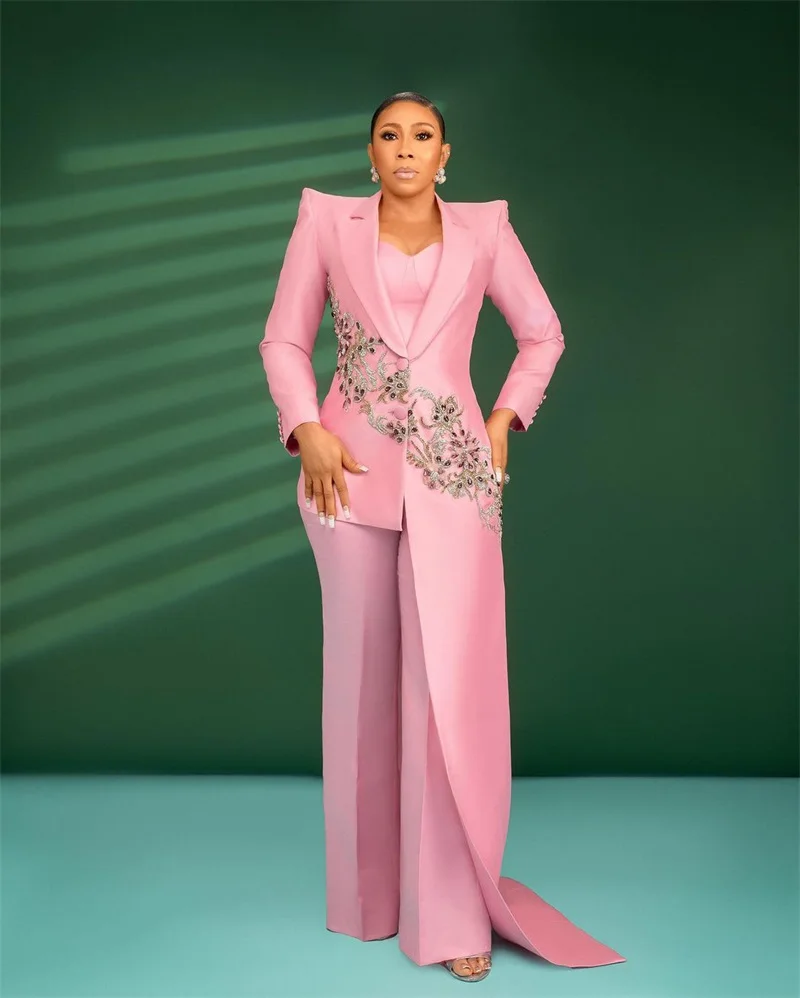 Crystals Satin Women Suits Set Blazer+Pants 2 Pcs Appliqued Jacket Irregular Hem Long Tail Formal Prom Dress Coat Customized women suit set women suits sets