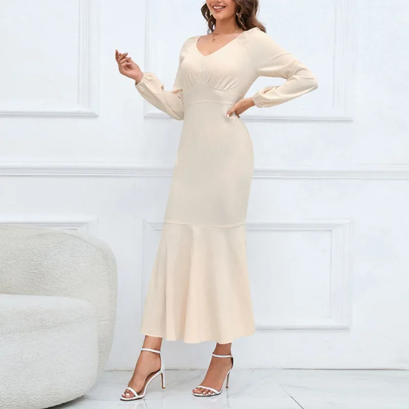 

Новинка 2023, осенне-зимнее модное однотонное платье-Русалка с V-образным вырезом, тонкой талией и длинным рукавом, Стильное женское платье