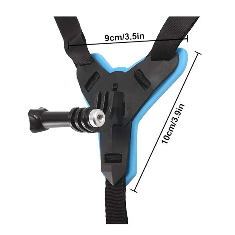 Close-up of the Helmet Camera Holder, a black adjustable harness with an action camera mount, featuring measurements of 9 cm (3.5 in) and 10 cm (3.9 in)—perfect for capturing dynamic POV shots.