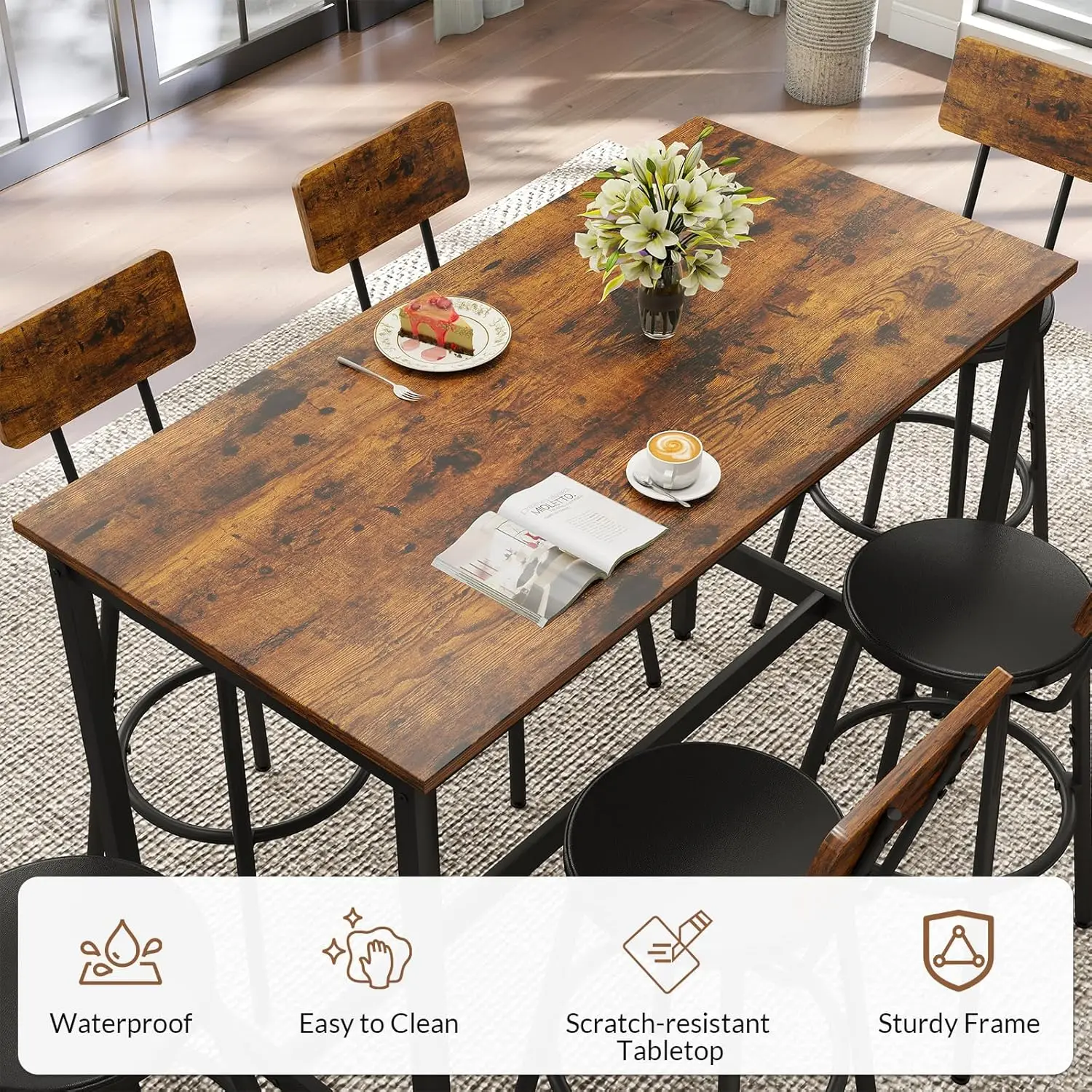 new-Dining Table Set for 6, Bar Table and Chairs Set, 6 Piece High Top and Chairs, Modern Counter Height Pub