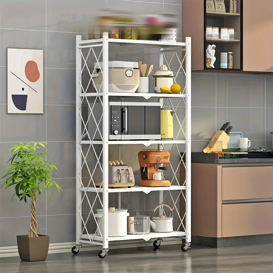 Storage Rack 3/4/5-Tier Heavy-Duty Iron Storage Shelf with Rolling Shelves Foldable & Portable