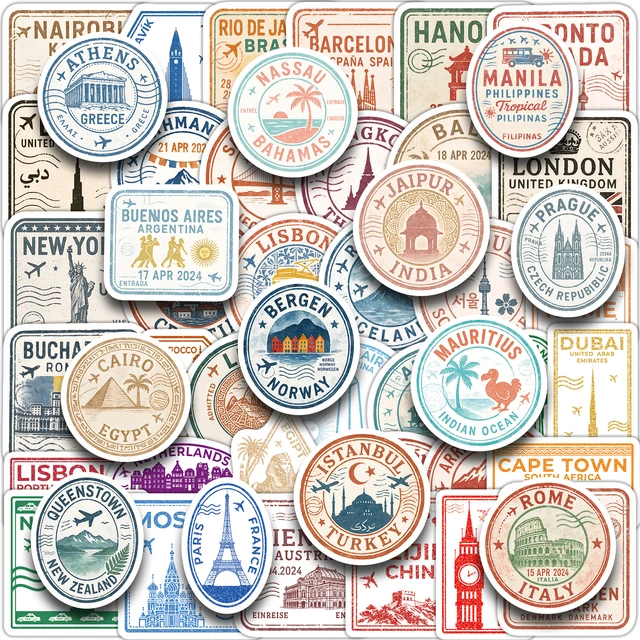 50PCS Travel Stamp Stickers Vintage Travel Stamp Stickers Retro Waterproof Vinyl Decals for Scrapbook Water Bottle Journal 1