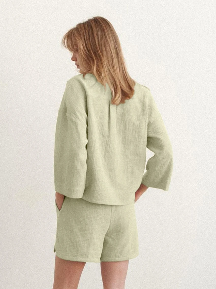 Marthaqiqi Cotton Ladies Nightgowns Set Sexy Turn-Down Collar Pajamas Long Sleeve Sleepwear Shorts Casual Female Nightwear Suit