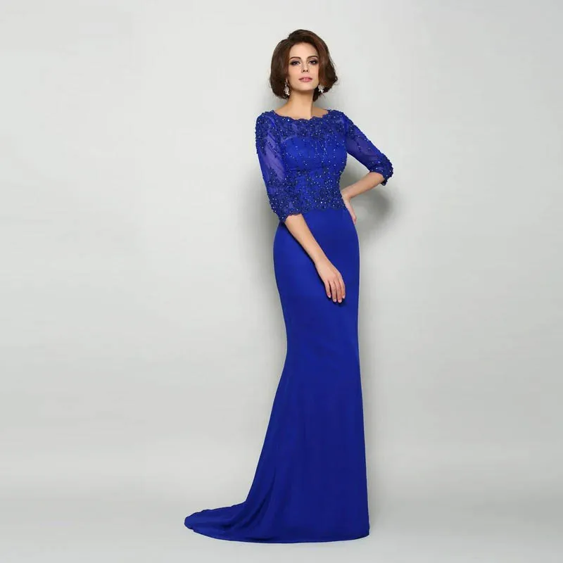 

Blue Elegant Simple Lace Applique Mother of the Bride Dresses Three Quarter Sleeve Beads Wedding Party Gowns