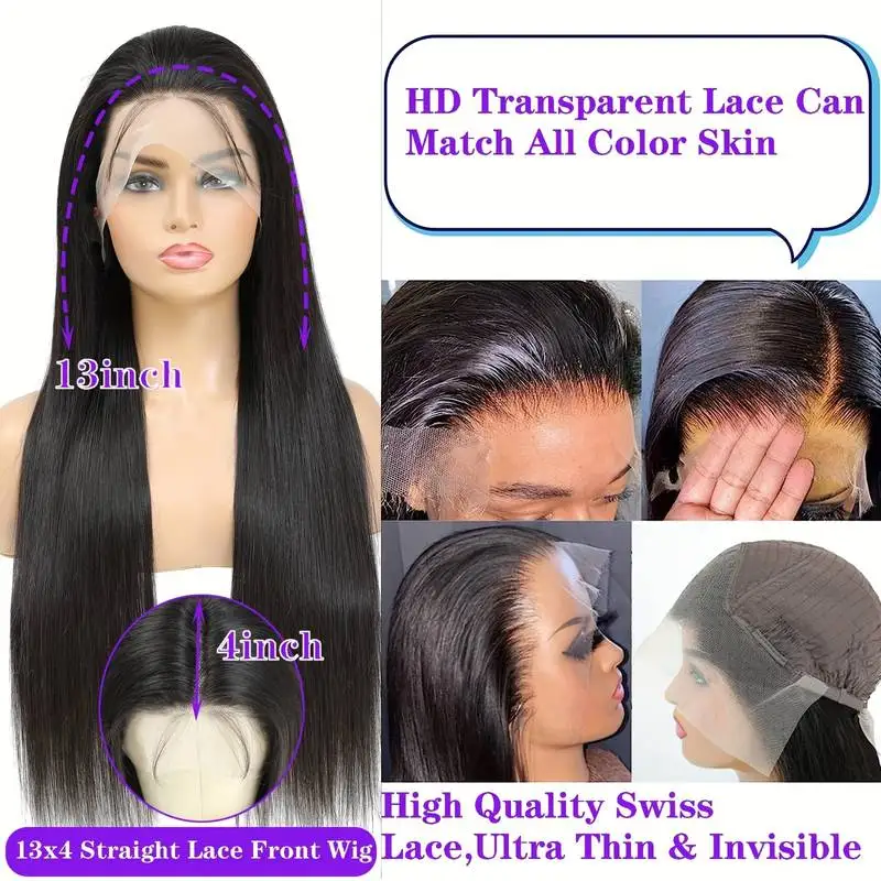 40 inch Natural Straight human hair wigs 13x6 HD Front Lace 220 density 100% Brazilian wigs human hair For human