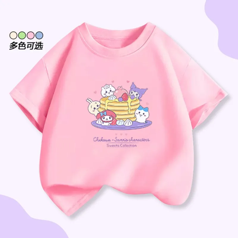 2026 뉴 여름 산리오 패밀리 멜로디 쿠로미 케이크 프린트 티셔츠 코튼 아동 여름 루즈 라운드 넥 부모 자녀 티셔츠