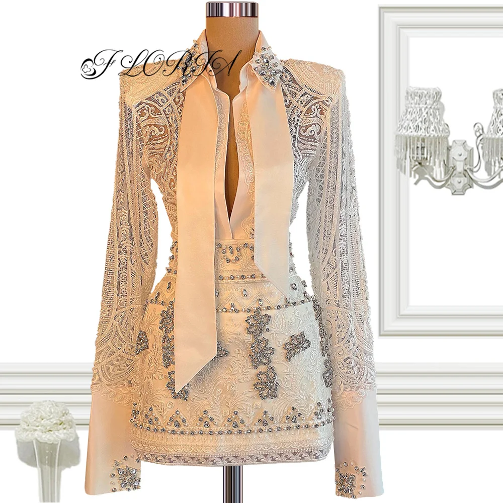 Cocktail Dress Autumn Two Piece Crystal Beaded Lace Long Sleeve Belt Blouse and Mini Prom Party Gowns Customized