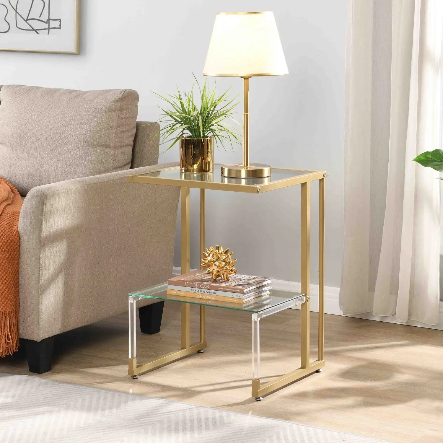 

Luxurious Golden 2-Tier Acrylic Glass Side Table Perfect for Living Room and Bedroom Décor