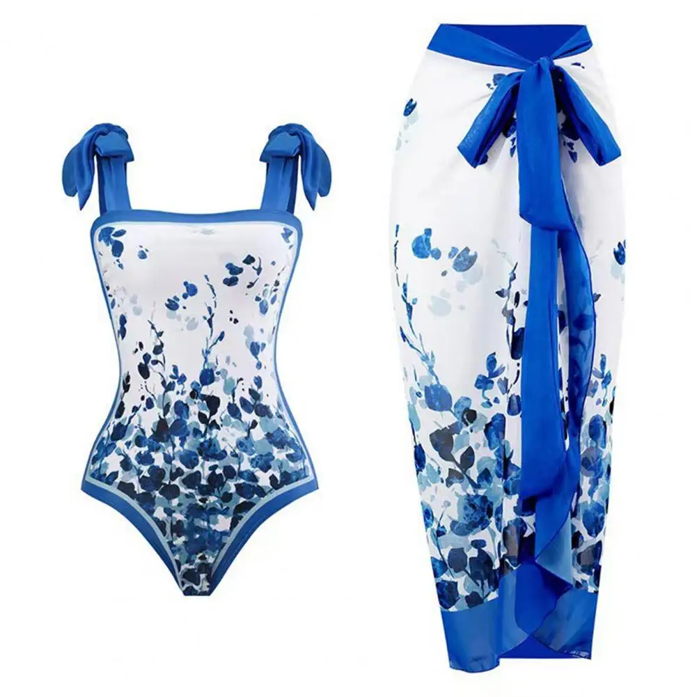 

In 2024 The New Female Blue Printing Design Tight Fresh Lemon Fruit Mediterranean Bind One-piece Swimming Suit And Cover Up