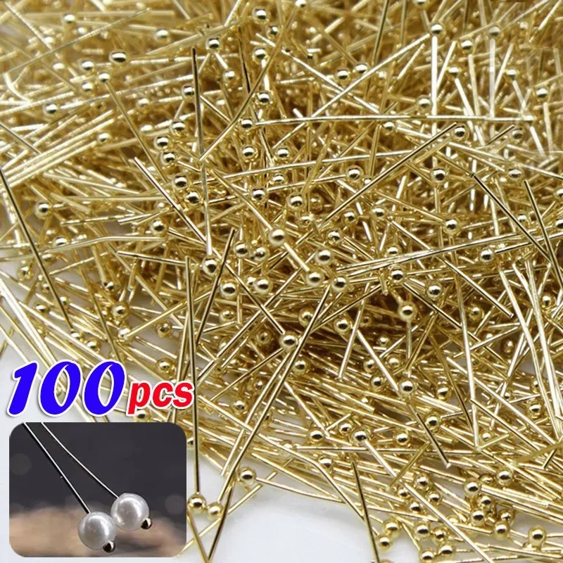 100개 황동 볼 헤드 핀 금도금 볼 헤드 핀 쥬얼리 제작용 비딩 핀 부자재 DIY 쥬얼리 제작용