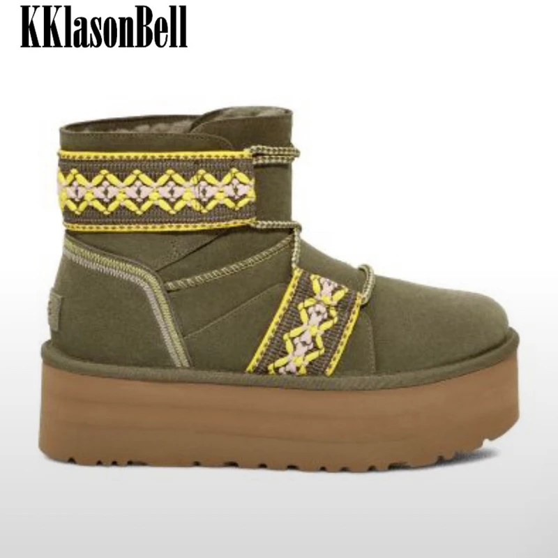 

12.18 KKlasonBell Classic Braid Lace-Up Wool Snow Boots Women Keep Warm Comfortable Cow Sude Height Increasing Ankle Boots