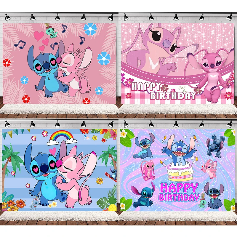 Birthday Backdrop Cartoon Lilo & Stitch Theme Party Backdrops Kids Birthday Party Photo Decoration Ocean Flower Background