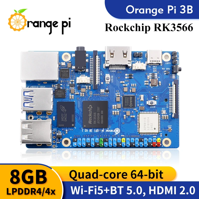 Orange Pi 3B 8GB Ram + 64GB EMMC Module Single Board Computer 1.8GHz RK3566 WIFI-BT Orange Pi 3 Model B 4K Development Board