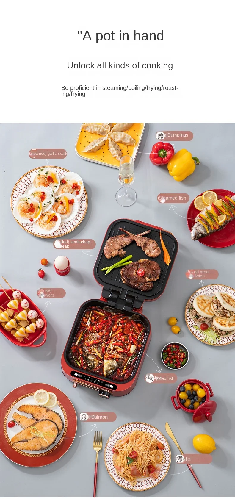 Multifunctionalhouseholdcookingpotelectrichotpot barbecuegrillingsteamingelectric cake pan stall deepening electriccooking pot 6