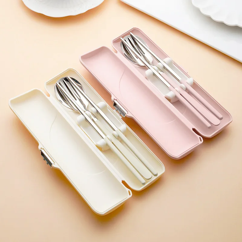 Stainless Steel Tableware Set Portable Bowknot Spoon Fork Chopsticks Suit Travel Cute Flatware Cutlery Box Home Camping Tools