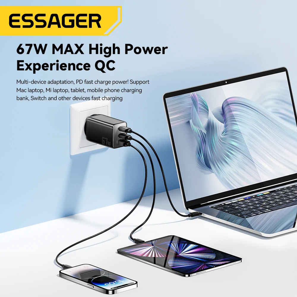 Essager 67W GaN USB Type C changer 65W Fast Charger For Huawei QC 4.0 PD 3.0 Xiaomi Laptops iPhone 15 14 Mobile Phone Charger