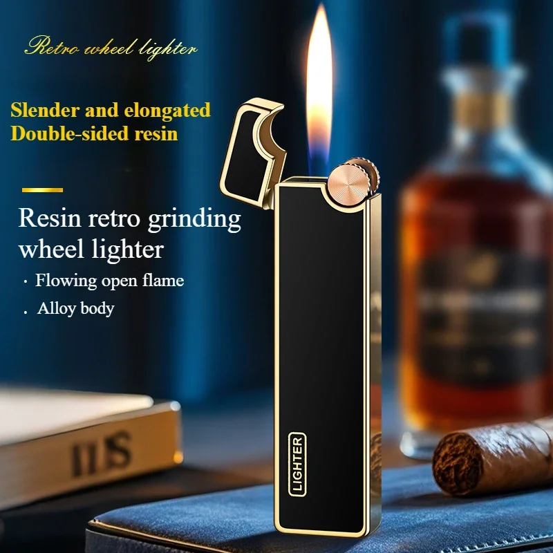 Retro Metal Printed Butane Lighter, Side Grinding Wheel Open Flame Gas Lighter, Compact Portable Lighter for Lighting Cigarettes