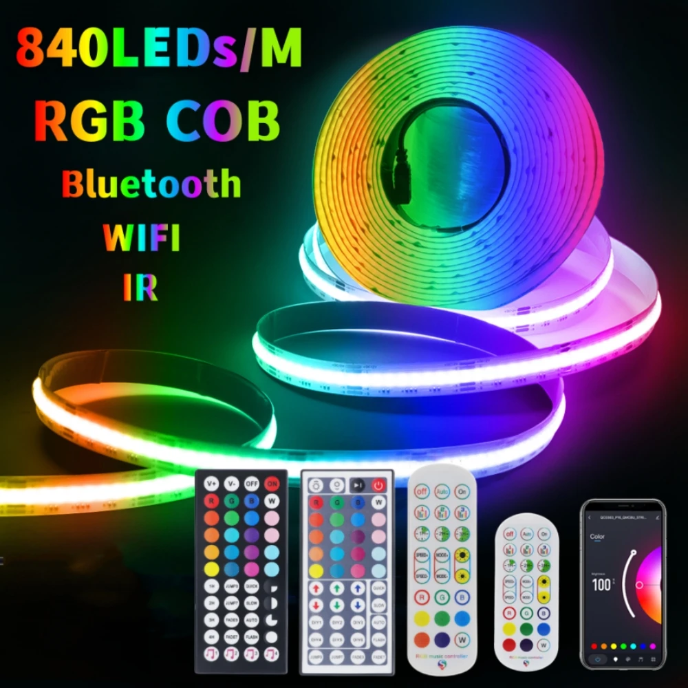 Description Picture 2 of item10M RGB LED COB Strip 12V 24V Flexible 10MM FOB Linear Lights With Remote WIFI Bluetooth RA90 Dimmable LED Tape Ribbon Lamp Bar