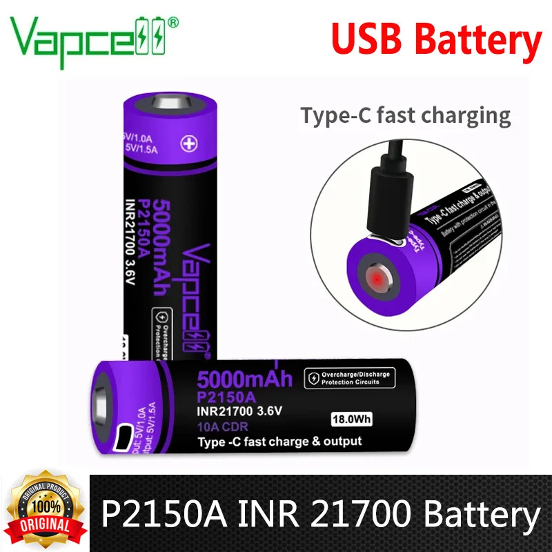 

Оригинальный Vapcell P2150A INR 21700 USB аккумулятор 5000 мАч CDR 10A 3,7 в перезаряжаемая литий-ионная батарея с кнопкой типа c