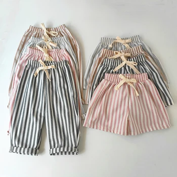 Abbigliamento per bambini Pantaloni a righe in cotone e lino vintage Pantaloncini casual per bambina e neonato Pantaloni e pantaloncini larghi per ragazze primavera estate