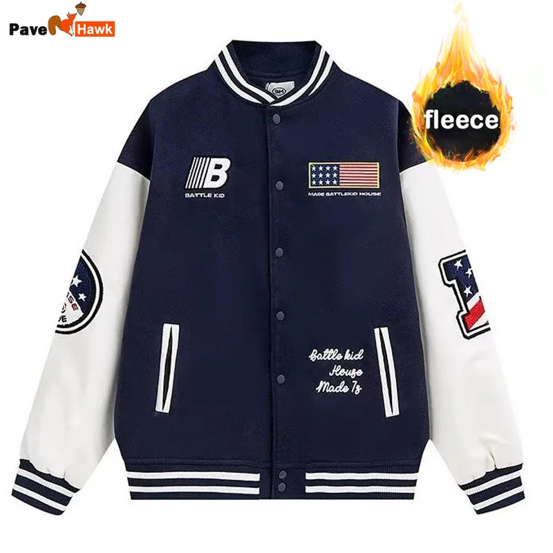 

American Thicken Bomber Jacket Men Women Embroidery Autumn Winter Patchwork Coat Unisex Warm Padded Varsity Baseball Outwear