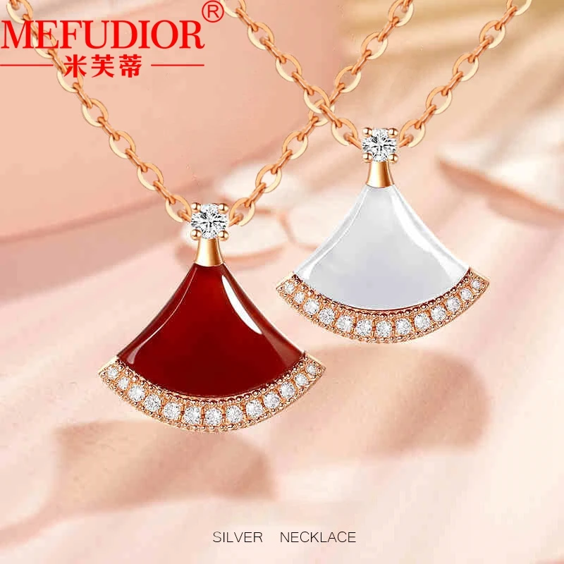 18k Rose Gold Necklace Fan-shaped Pendant 45cm Chain Moissanite Inlaid Natural White Beige Red Agate Women's Luxury Jewelry Gift