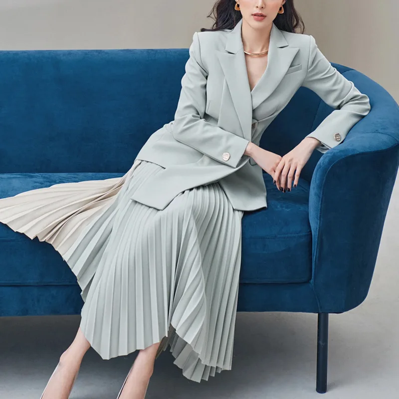 Women Suit Set 2 Pieces Blazer Pleated Prom Dress Formal Office Lady Jacket Irregular Stitching