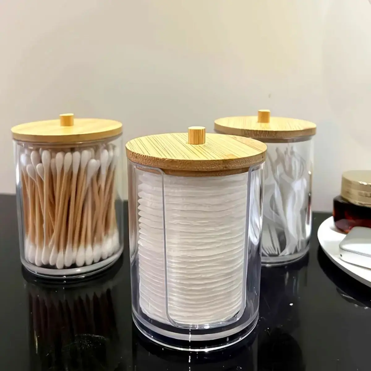 Bamboo-Lid Cotton Swab Holder - Versatile Plastic Storage Box for Makeup, Dental Floss & More 4