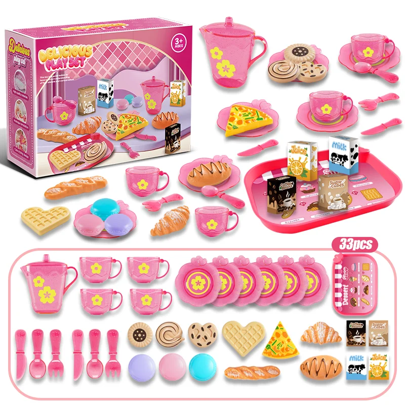 33pcs Tea Party Playset, Kitchen Toy Set for Girls, Pink, Purple