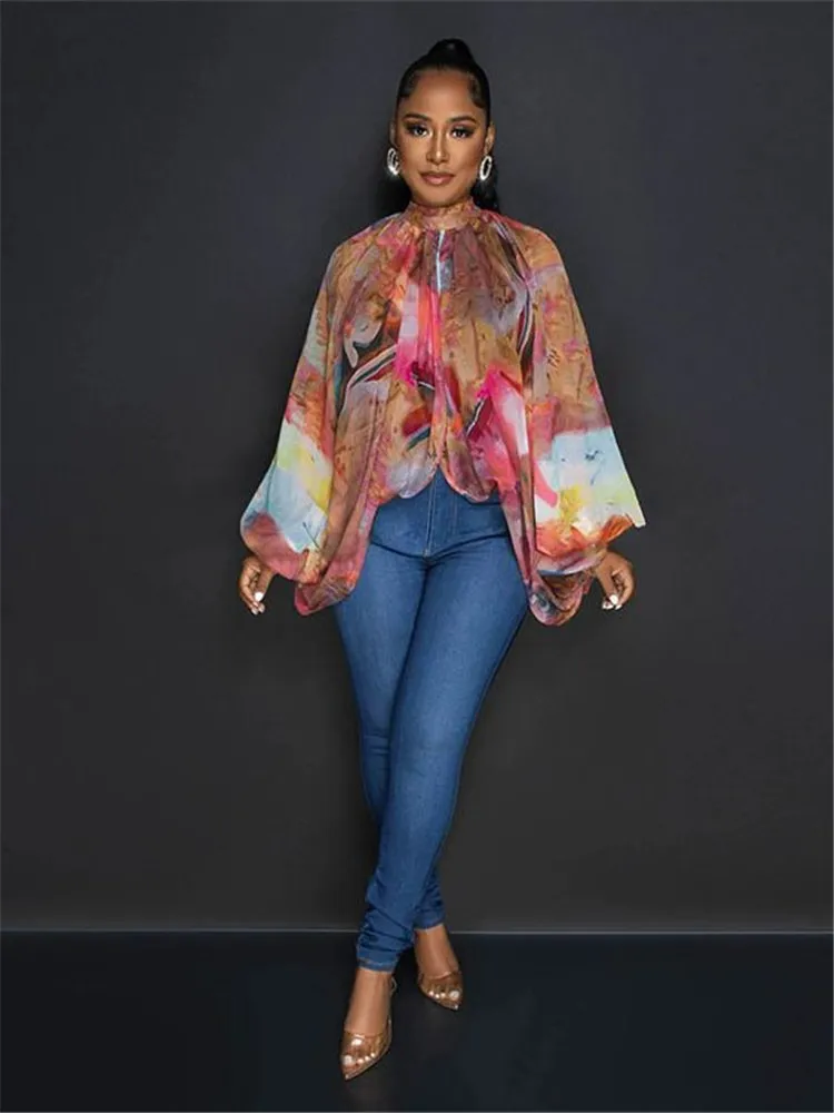 

Women's Long Sleeve Printed Chiffon Top, Sexy Translucent Shirt, Open Back Shirt, New