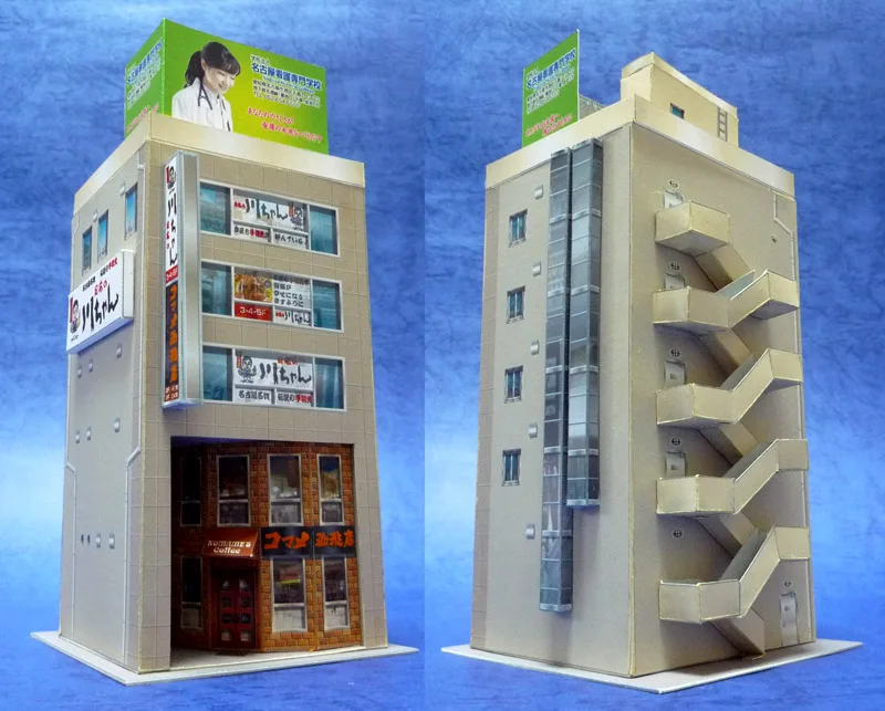 N-Scale Japanese Building Diorama 3D Paper Model Scene DIY Handmade Ornaments 3 commercial buildings 1:150