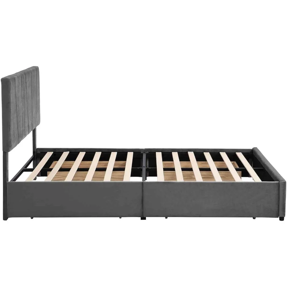 Queen Size Platform Bed with Adjustable Headboard and 4 Drawers on Two Sides,Linen Upholstered Bedframe w/Slats Support,Beige 6
