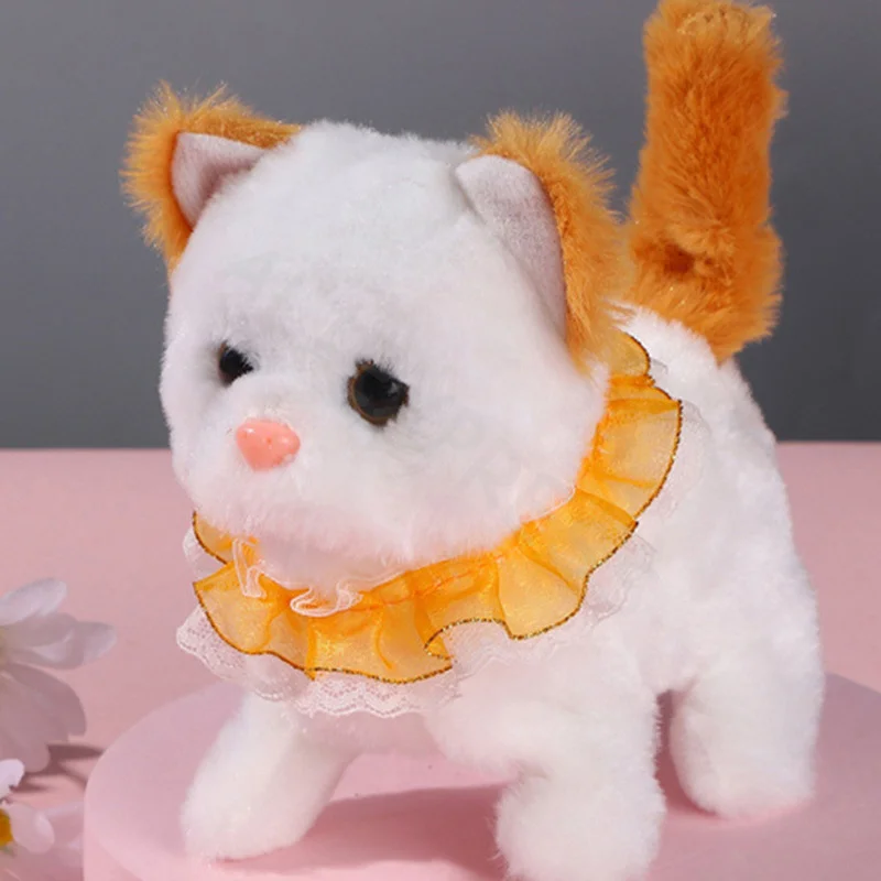 Cute Simulated Collar Lace Kitten Plush Toy Electronic Stuffed Doll Toy Walking Tail Wagging Head Shaking For Kids Birthday Gift