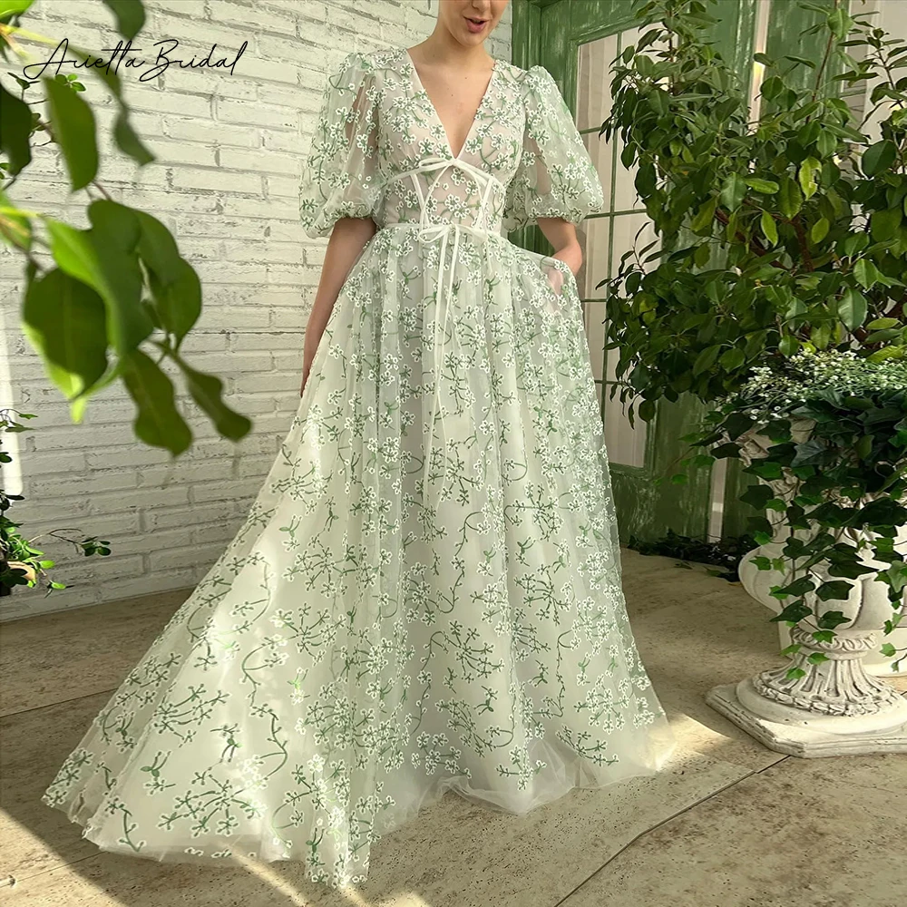 AriettaFloralEmbroideryLaceBeachWeddingDressesVNeckPuff